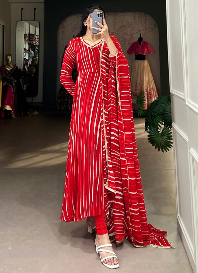 Georgette Red Casual Wear Leheriya Print Readymade Gown With Dupatta